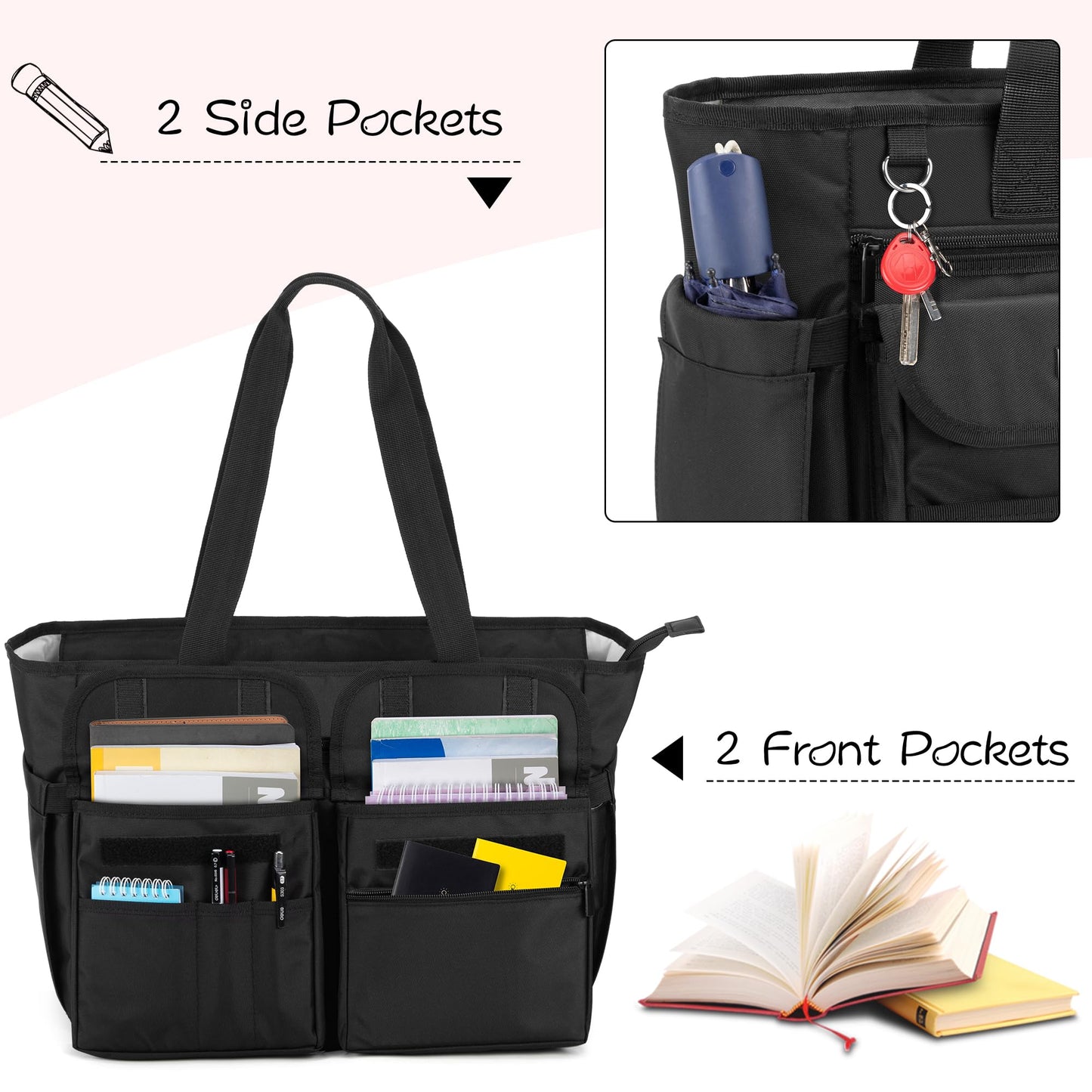 LoDrid Teacher Tote Bag with Bottom Pad, Large Compartment with Separate Storage Layer for Laptop(Up to 15.6"), Black