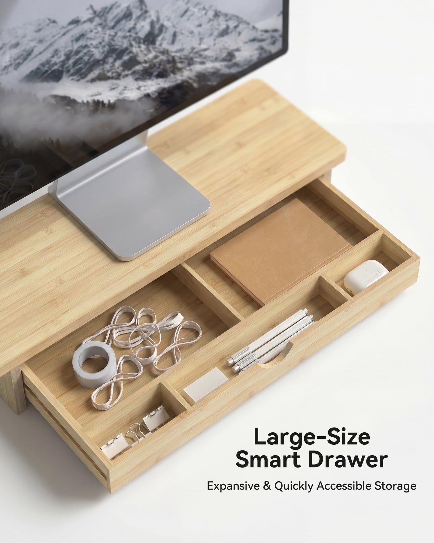 WELL WENG Bamboo Monitor Stand with Large Storage Drawer,23 Inch Ergonomic Computer Riser for Desk, Holds Up to 220lbs, Screen Shelf with 5 Compartments for Keyboard & Stationery Organization