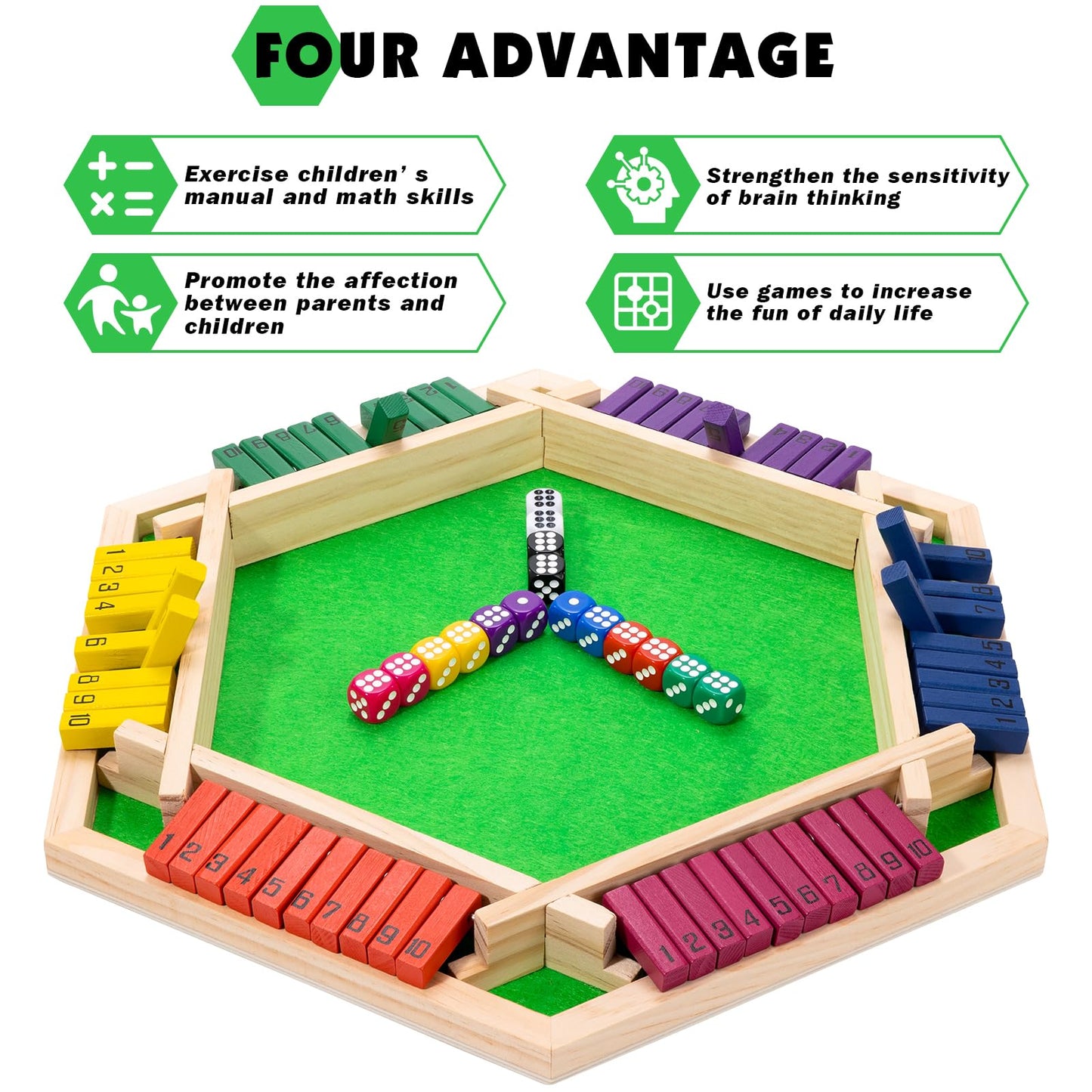 Shut The Box Dice Games for 2-6 Players, Wooden Board Table Math Game with 16 Dice and Instructions, Classics Close The Box Board Game for Adults Kids, Family Classroom Home or Bar