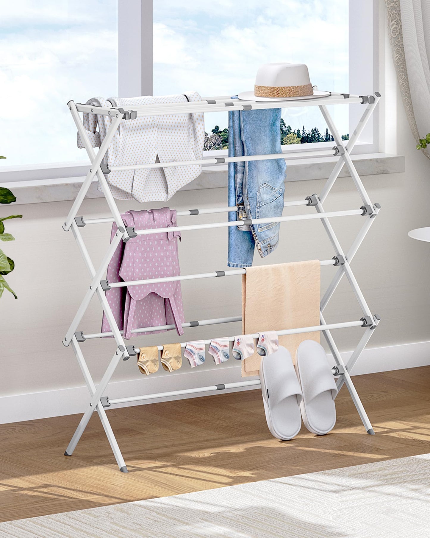 APEXCHASER Clothes Drying Rack, Expandable Drying Rack Clothes, Collapsible 3 Tiers Foldable Laundry Rack Indoor, for Baby Clothe Towels Bibs, White, 37.6inch