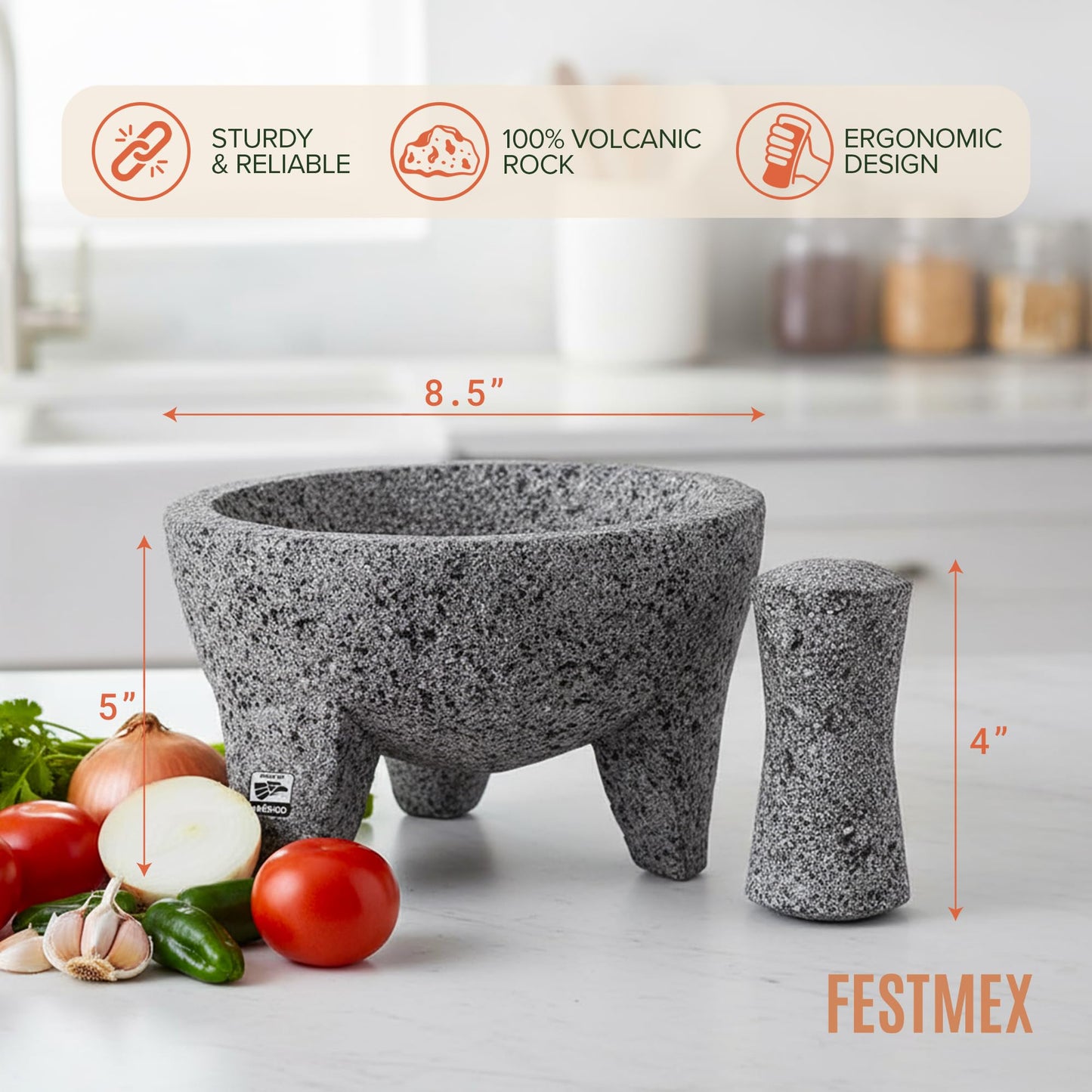 Genuine Handmade Mexican Mortar and Pestle, Molcajete de Piedra Natural Volcanica Stone, Heavy & Durable, Perfect for Homemade Salsas, Guacamole, and other Molcajete Plates | Made in Mexico (8 Inches)