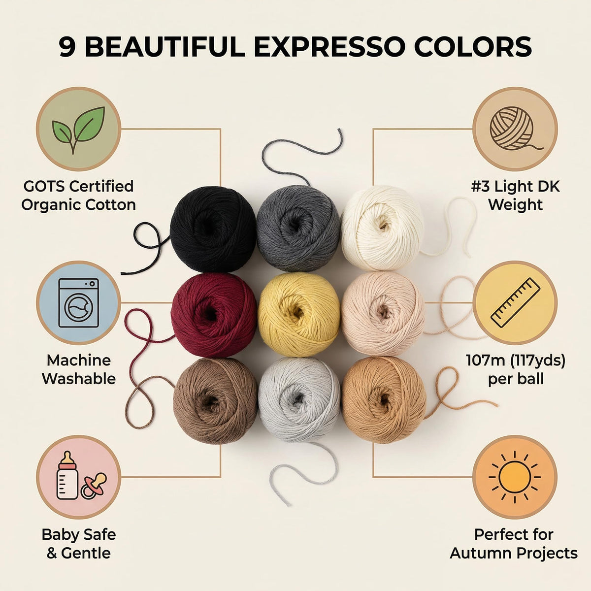 About Strings 100% GOTS Organic Cotton Yarn - 9 Neutral Colors Expresso Box Set, True DK Weight, Machine Washable, Baby Safe, 963m Total (50g x 9) Crochet Knitting (Expresso)