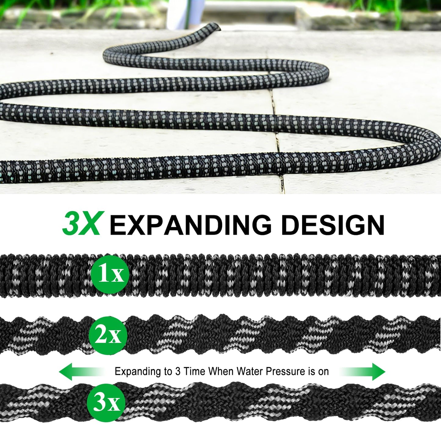 150FT Expandable Garden Hose with 10-Function Nozzle, 4-Layer Latex & 3750D Fabric, Extra Long Flexible No-Kink Water Hose with Solid Brass 3/4” Fittings for Large Yard Lawn Garden & Vehicle Cleaning