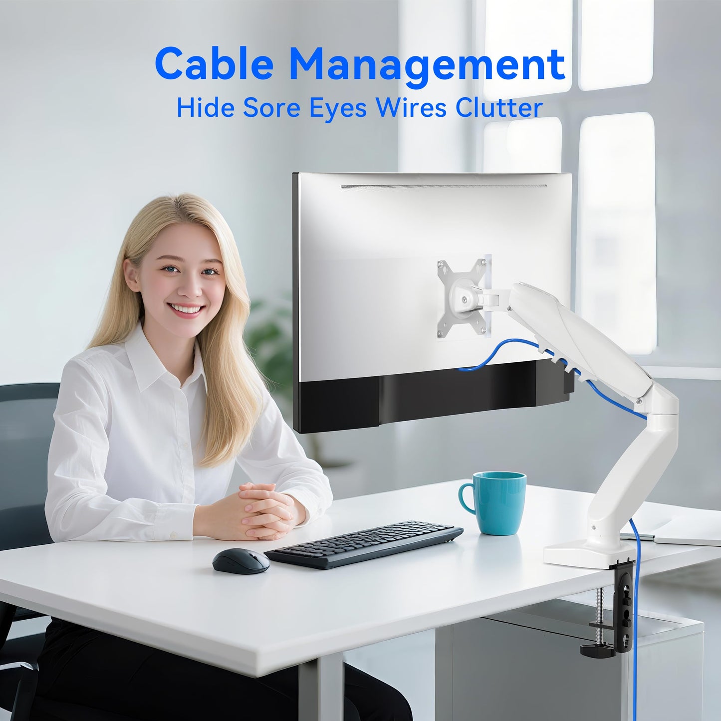 SHOPPINGALL Single Monitor Mount for 13 to 32 Inch Gas Spring Monitor Arm, Fully Adjustable VESA Mount with Desk Clamp - SA-GC41-WHITE