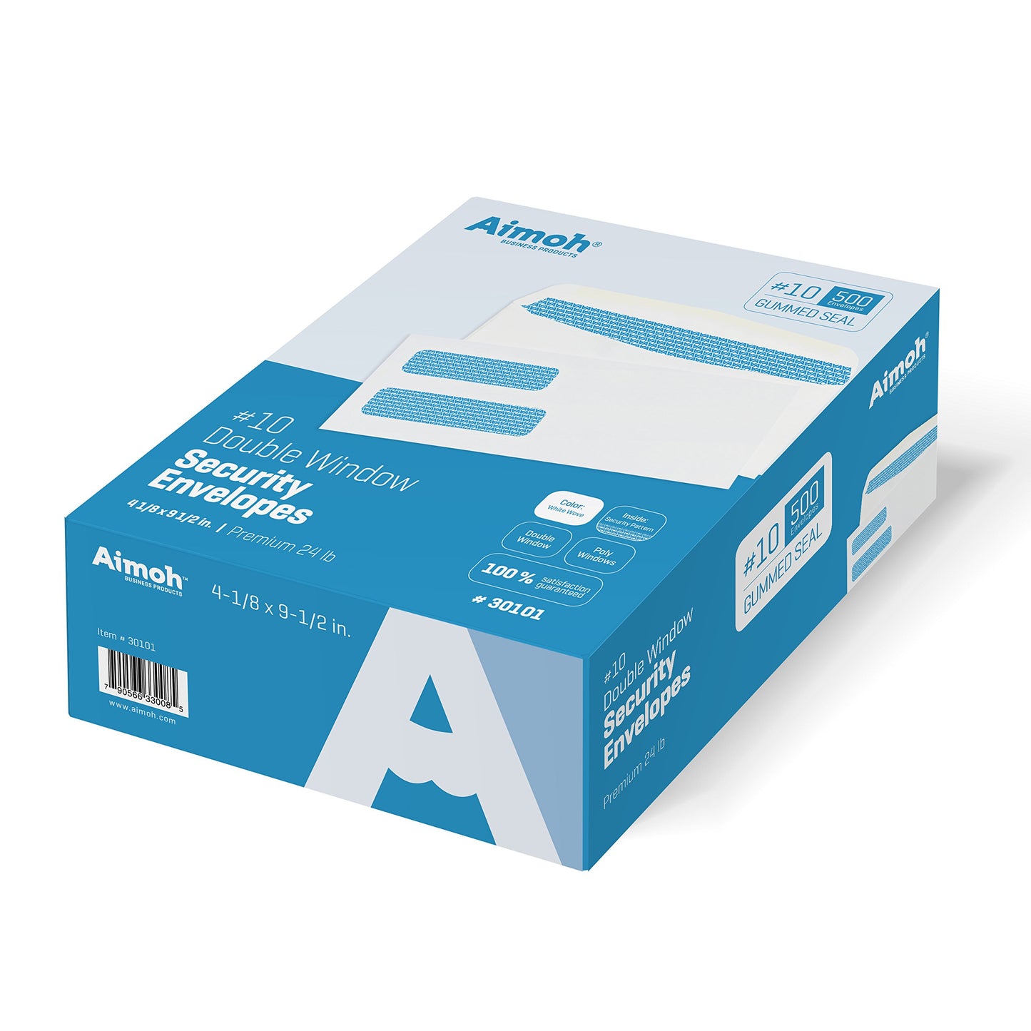 Aimoh 500#10 Double Window Security Business Mailing Envelopes - for Invoices, Statements and Legal Documents - GUMMED Closure, Security Tinted - Size 4-1/8 x 9-1/2 - White - 24 LB - 500 Count (30101)