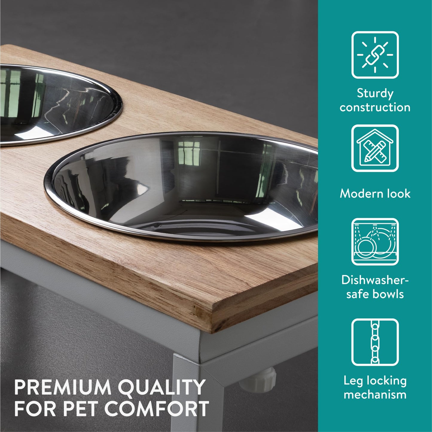 Navaris Large Pet Feeder with Foldable Legs - Raised Dog Bowls with Wooden Stand - Elevated Pet Dish for Dogs - Duo Dog Bowl Set with Stand - Medium & Large Size Dog - 27oz (800ml)