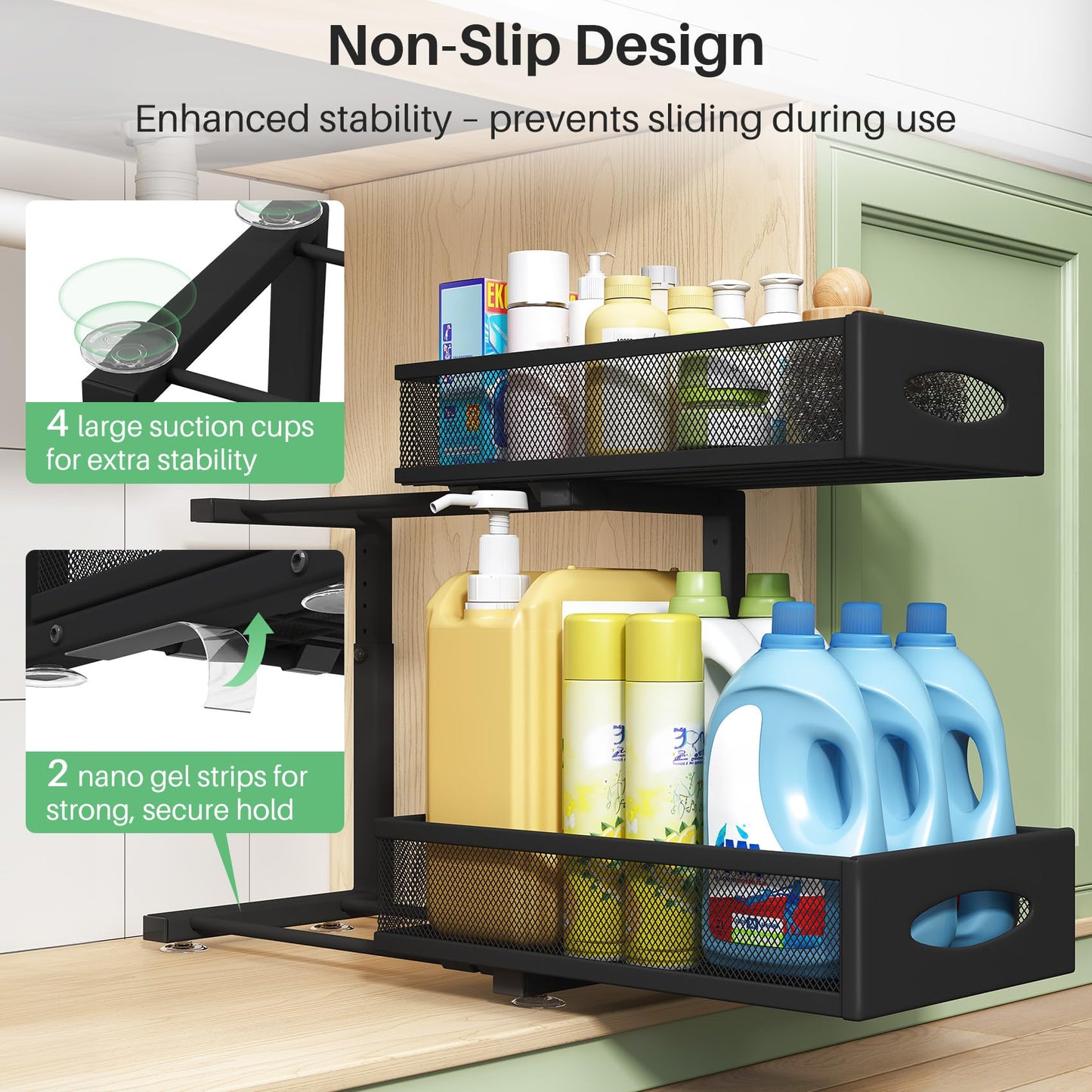 Under Sink Organizer, 2 Tier Pull out Cabinet Organizer Baskets with Mesh Sliding Drawers, Slide out Storage Shelf for Home, Kitchen, Bathroom, Pantry, Office Cabinet(2 Pack)
