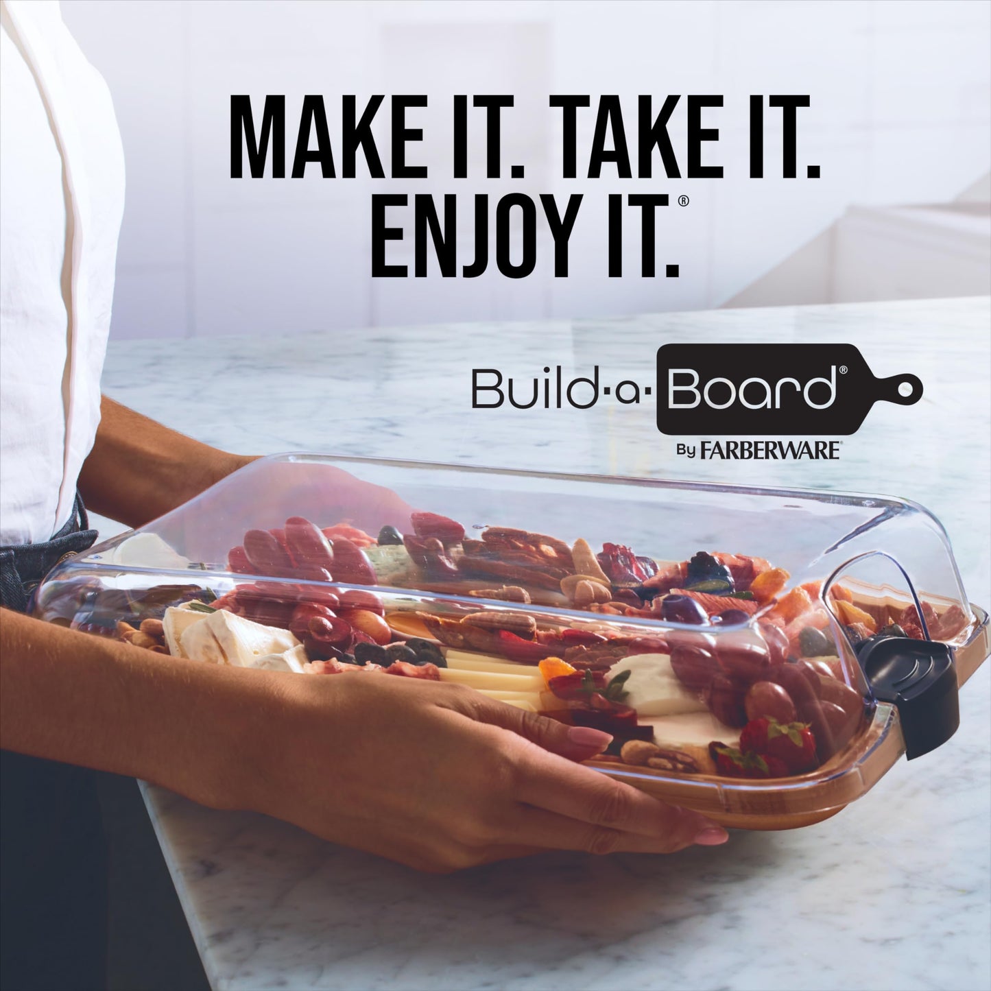 FARBERWARE Build-A-Board Bamboo Cutting Board with Built-in Compartments and Clear Locking Lid, Ideal for Charcuterie, Snacks, Food Prep & Serving