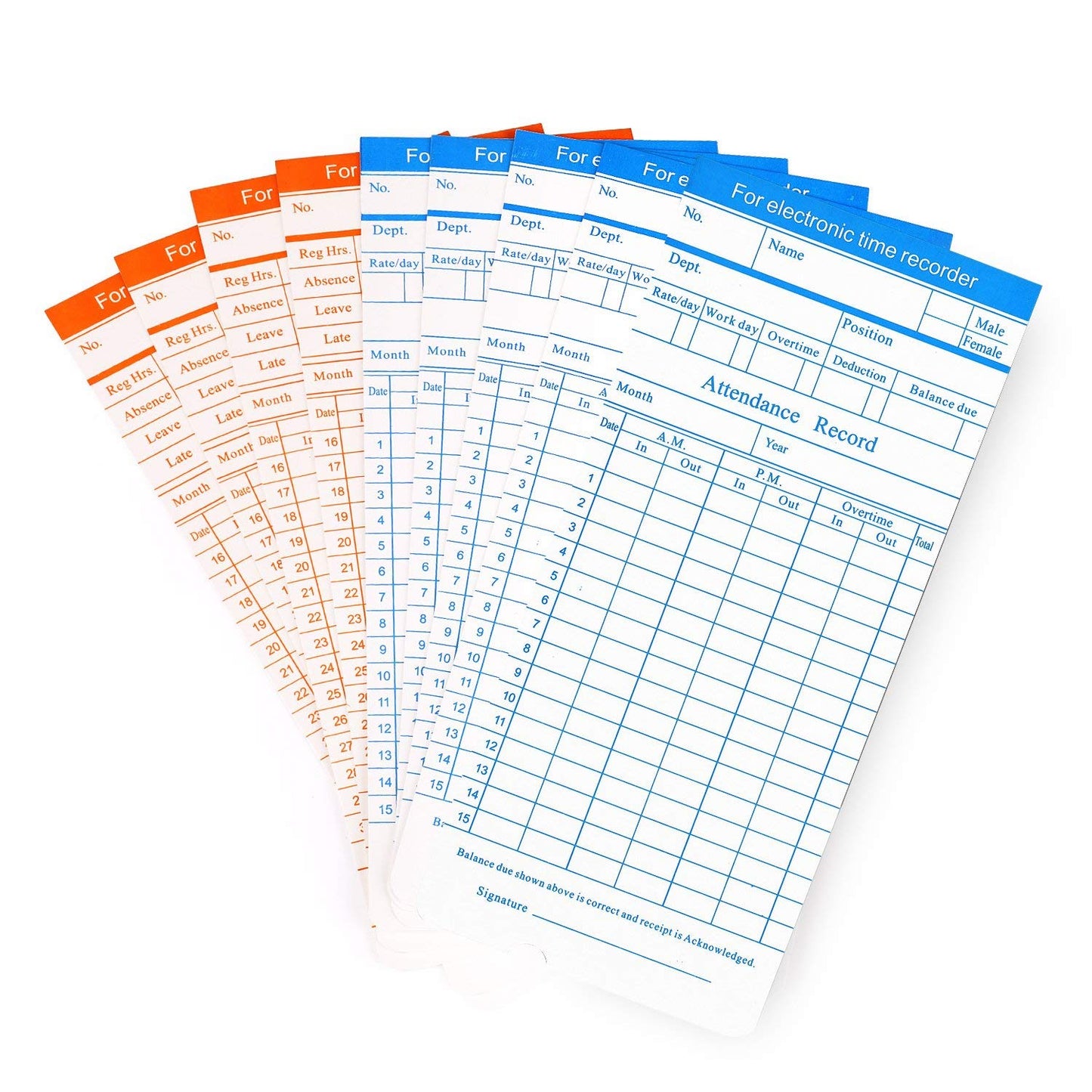 Flexzion Time Cards, Monthly Timesheet, Clock Timecard - 300 Pack, 6 Column 2-Sided Orange/Blue, Card for Time Punch Clock, Employee Attendance, Payroll Recorder, Small Business