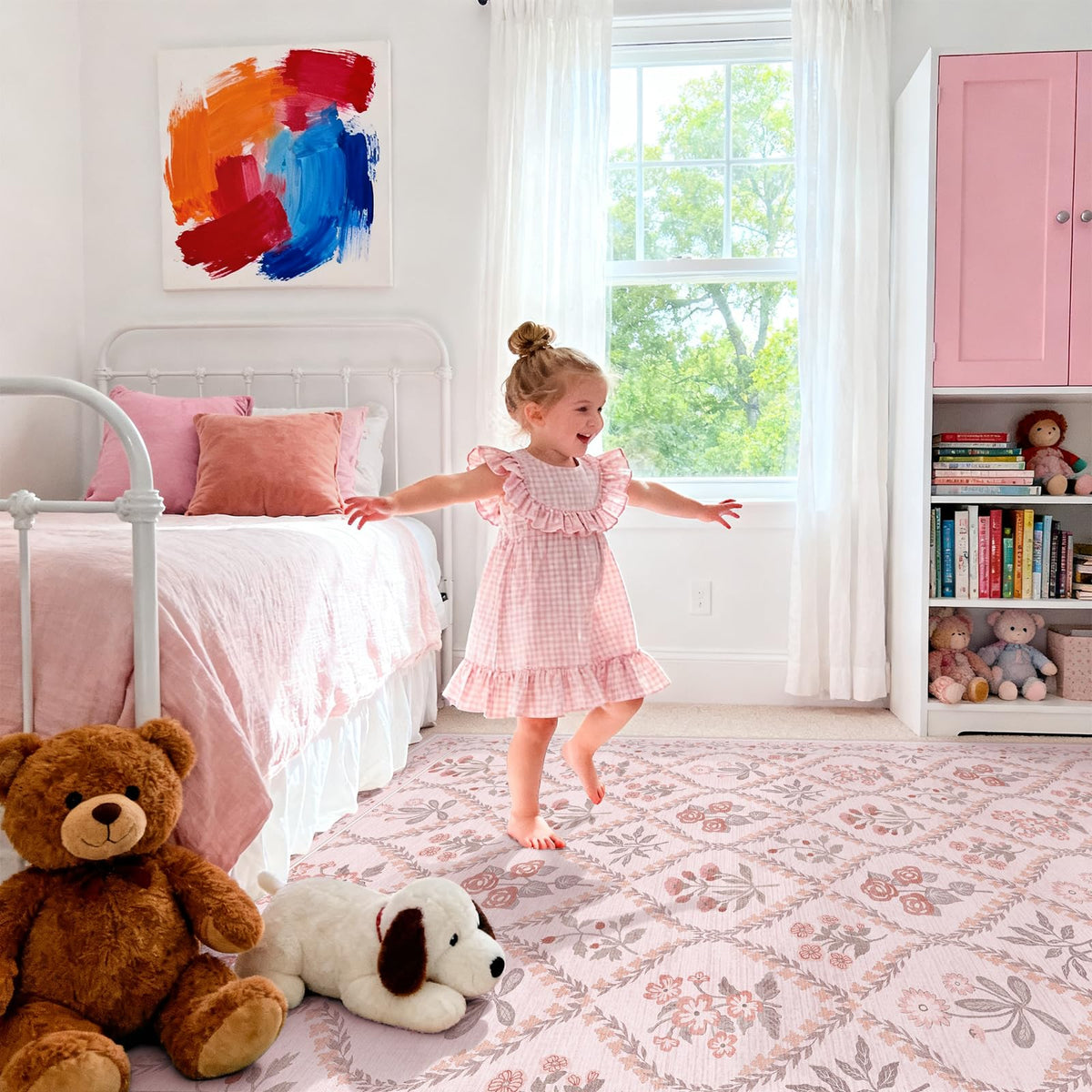 Dadasgk Area Rug 5x7 Washable Rugs for Living Room, Pink Boho Floral Rugs for Bedroom Nursery Girls, Soft Non-Slip Low-Pile Large Carpet for Kids Room Playroom Dorm Dining Room, Light Pink Cute