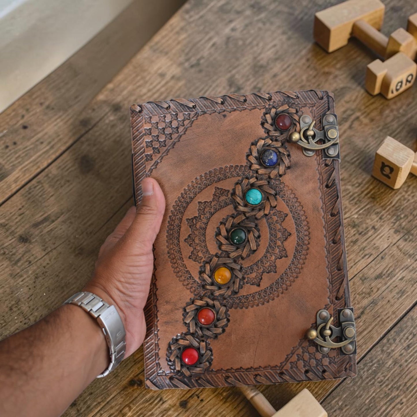 KMAAC leather bound journal book of shadows vintage leather journal deckle edge paper antique spell book wiccan seven stone chakra journal unlined lock daily notebook sketchbook 10x7