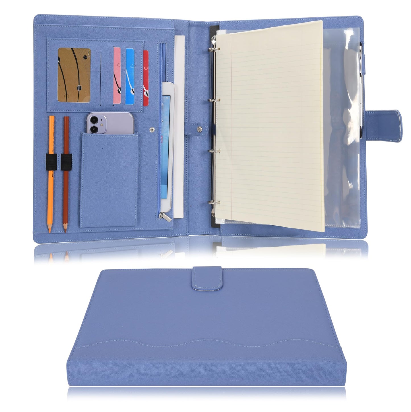 Wonderpool A4 Leather 4 Ring Holder Writing Portfolio Multi Document Case with Removable Binder Clipboard and Functional Pocket for Organizer Office Travel School (Blue)