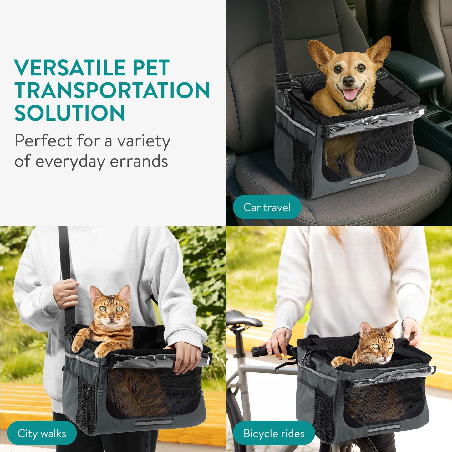 Navaris Pet Carrier for Bikes - Bike Basket Dog Carrier - Ideal Carriers for Small to Medium Dogs Up to 10kg (22lbs) - Drawstring Bag with Secure Locks and Strap - Grey