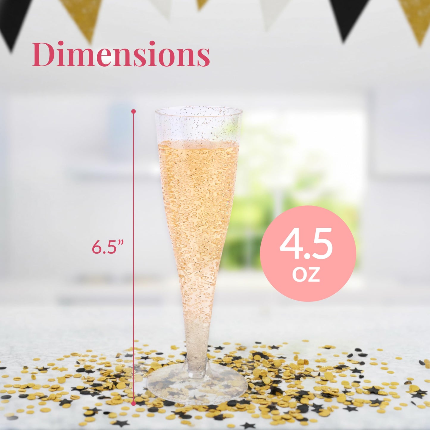 Prestee 24 Piece Plastic Champagne Flutes - 4.5 oz Plastic Wine Glasses with Rose Gold Glitter - Cocktail Glasses for Parties - Party Supplies for Mimosa Bar, Wedding, Shower Party and New Years Eve