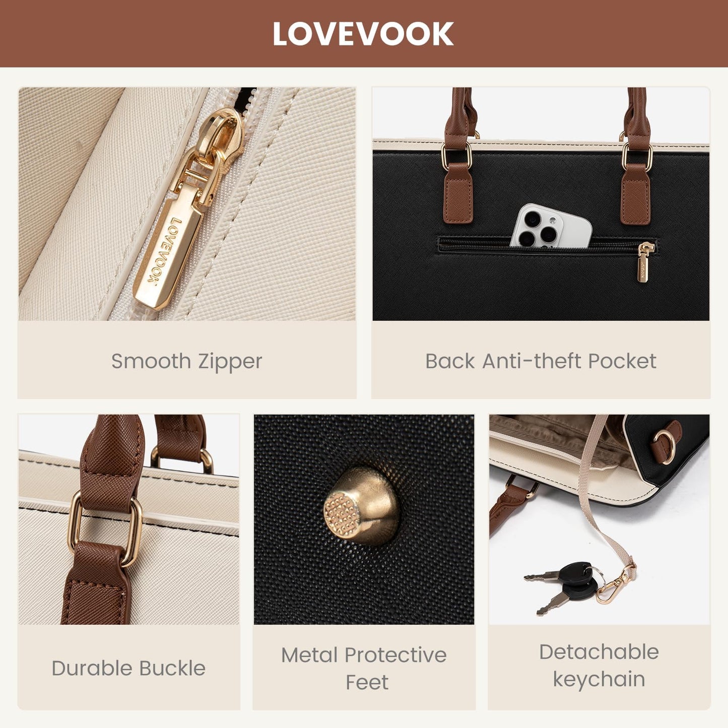 LOVEVOOK Laptop Tote Bag for Women, Leather Work Bag, Waterproof Business Teacher Bag, Large Computer Handbag Purse Briefcase, Office Gifts for Women