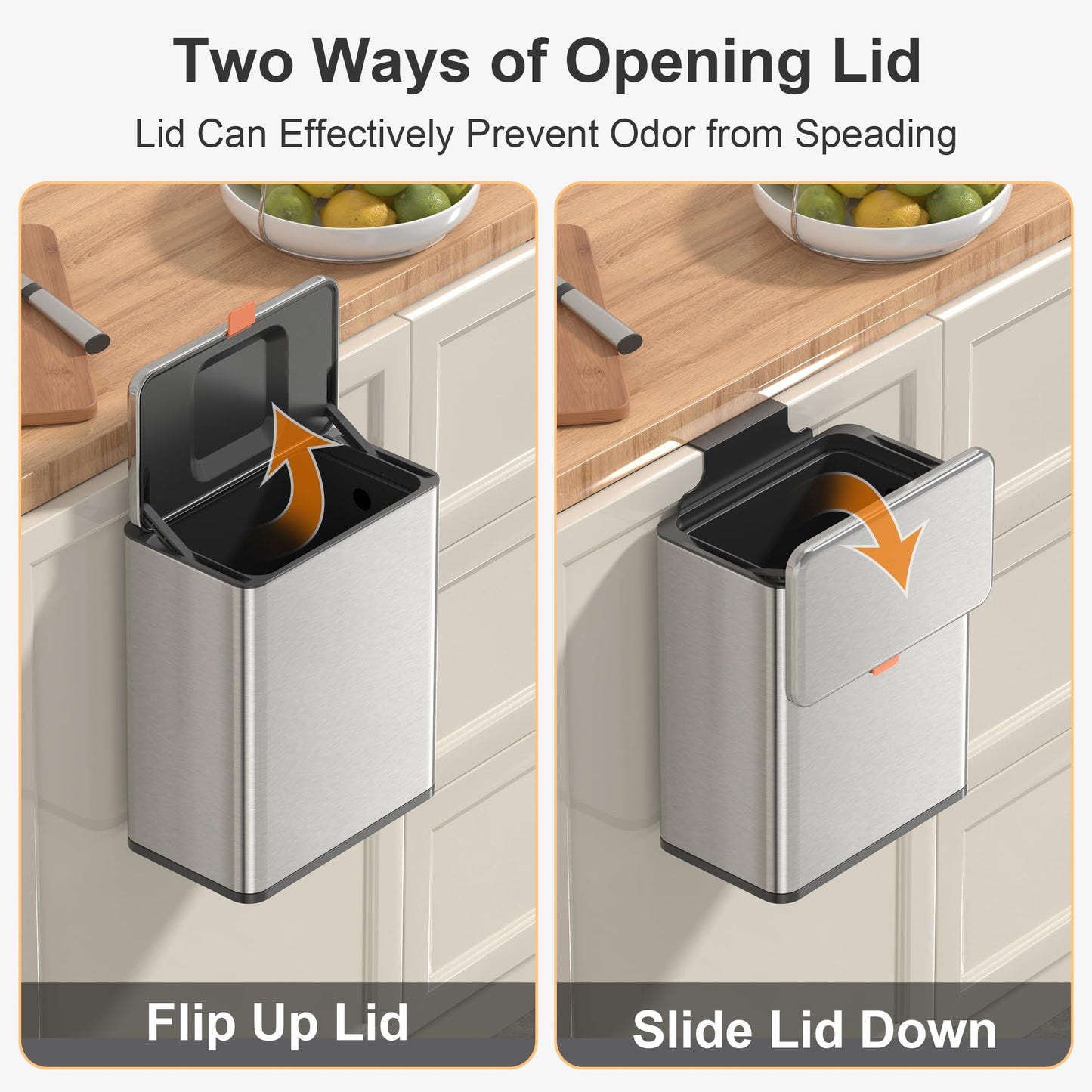 Mbillion Compost Bin Hanging Trash Can with Lid 2.1 Gallon Stainless Steel Garbage Can for Kitchen Cabinet Door Mounted Trash Can Under Sink Door RV & Bathroom, Brushed Silver