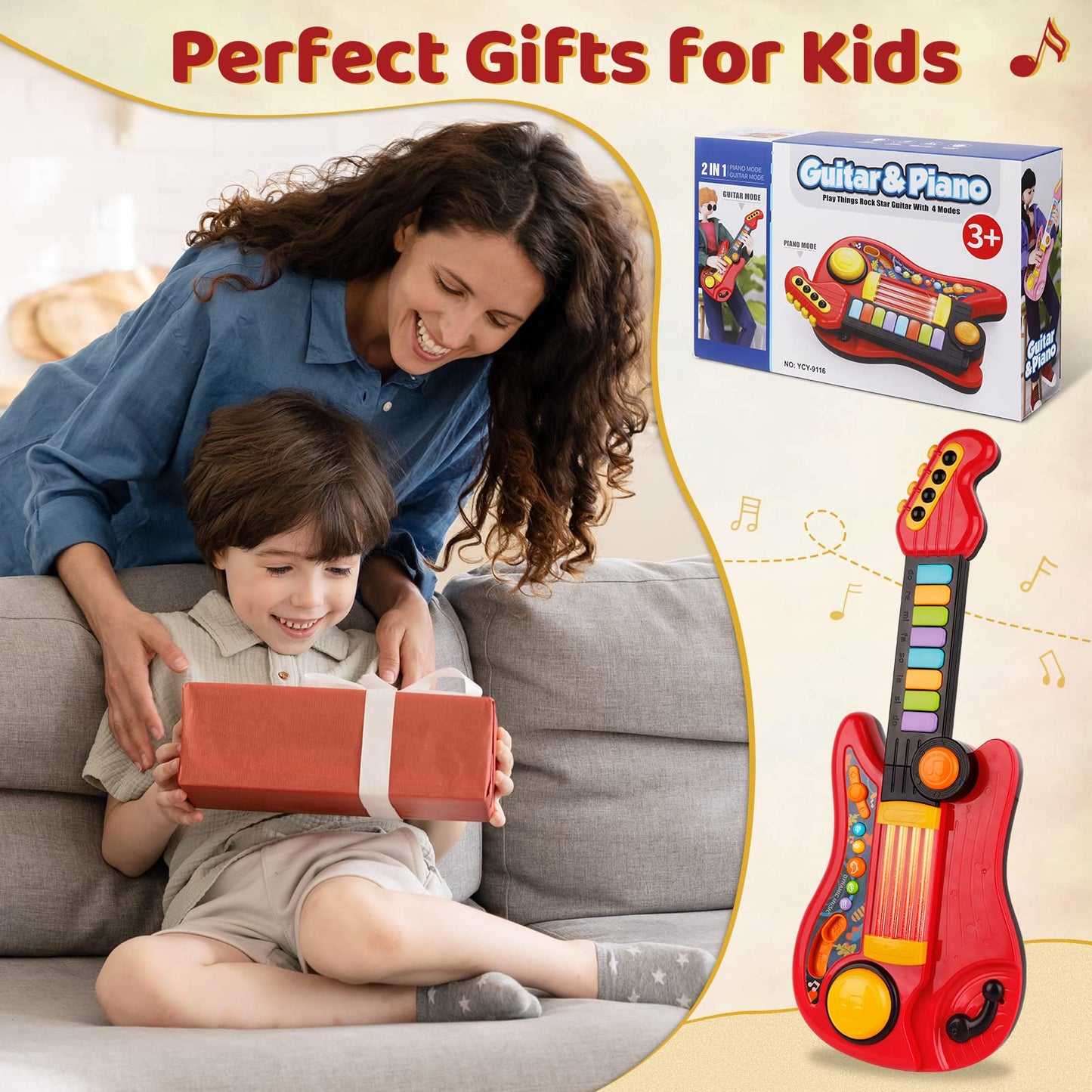 Kids Guitar 2 in 1 Musical Instruments for Kid Piano Toddler Toy Guitar with Strap Electric Guitars Music Toys for 3 4 5 Year Old Boys Girls Birthday (Red)