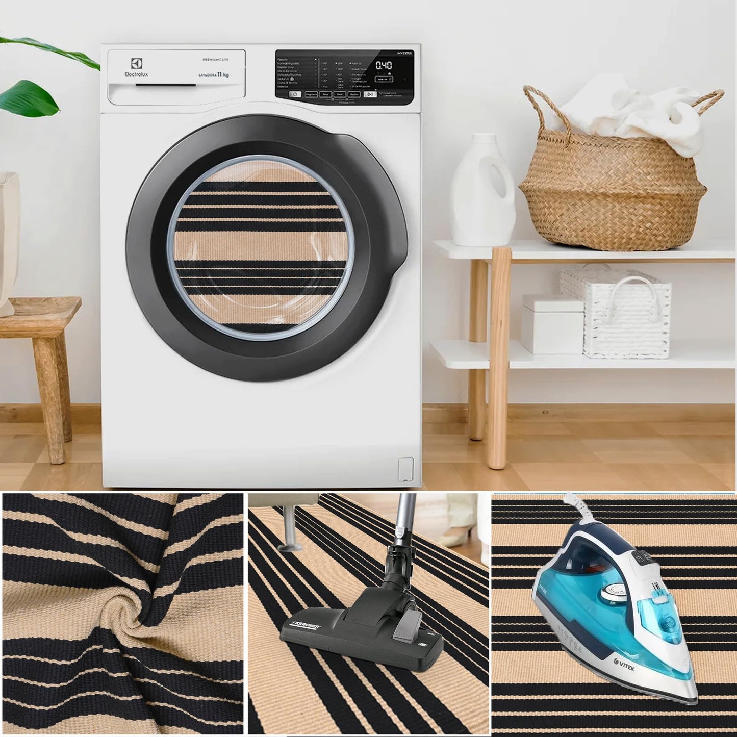 Fallovea Black and Tan Striped Rugs, 90×150 cm Area Rug Outdoor Indoor Front Porch Doormat Cotton Hand-Woven Layered Door Mats for Entryway Patio Entryway Laundry Bedroom Living Room