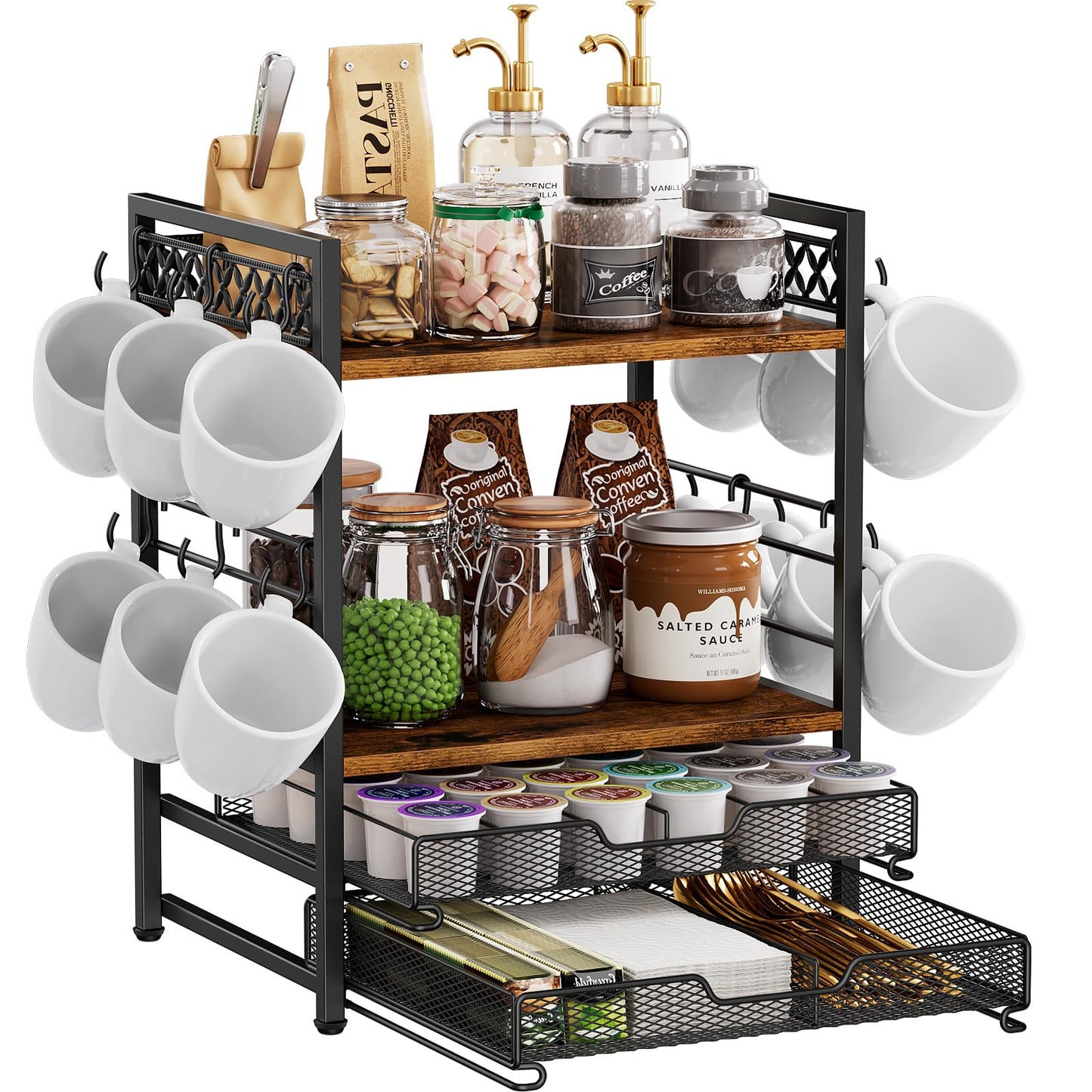 Plaviya Coffee Bar Organizer Countertop Station Shelf, 4 Tier Mug Cup Holder Stand with 12 Hooks, 60 K Cup Coffee Pod Drawer, Multifunctional Coffee Shelf Organizer for Accessories Station Kitchen