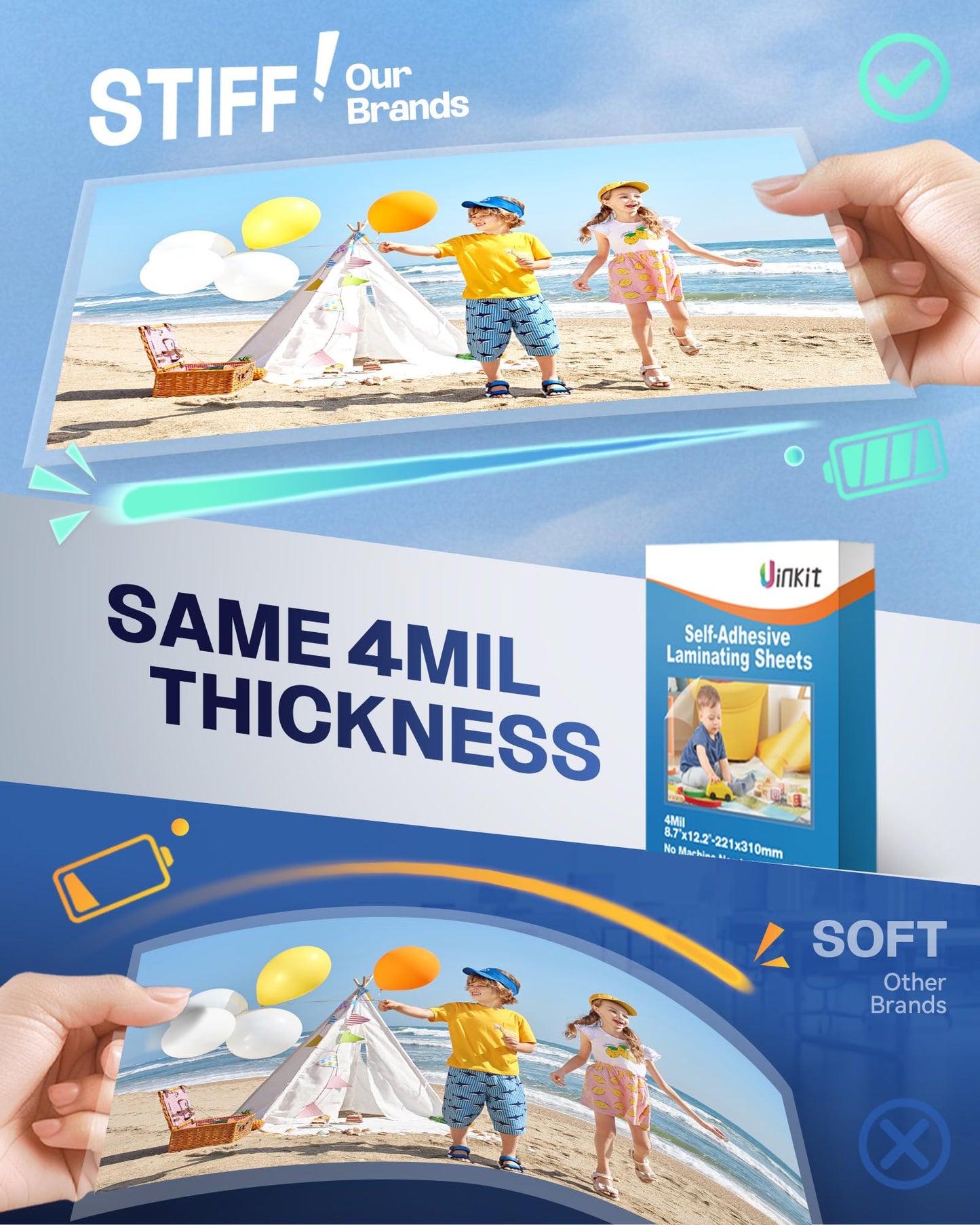 Uinkit Self-Adhesive Laminating Sheets, Self Stick 4Mil 100 Sheets 8.7 x 12.2 Inches Clear Self Sealing Laminating Sheets Suitable for 8.5x11 inches Letter Size (8.7x12.2”-4Mil-100Sheets)
