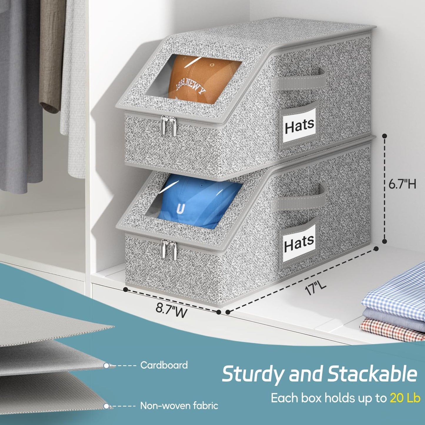 2 PCS Stackable Hat Storage for Baseball Caps, Holds up to 24 Caps Hat Organizer for Closet, Sturdy Snapback Boxes for Men with Cardboard, Grey (2)