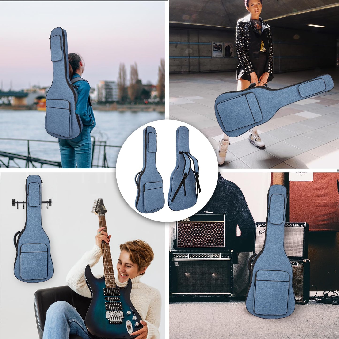 39 Inch Electric Guitar Bag Soft Guitar Case, MUZTOP 11 MM Thick Padded Electric Guitar Gig Bag Waterproof Guitar Backpack with Pockets (Blue-CA)