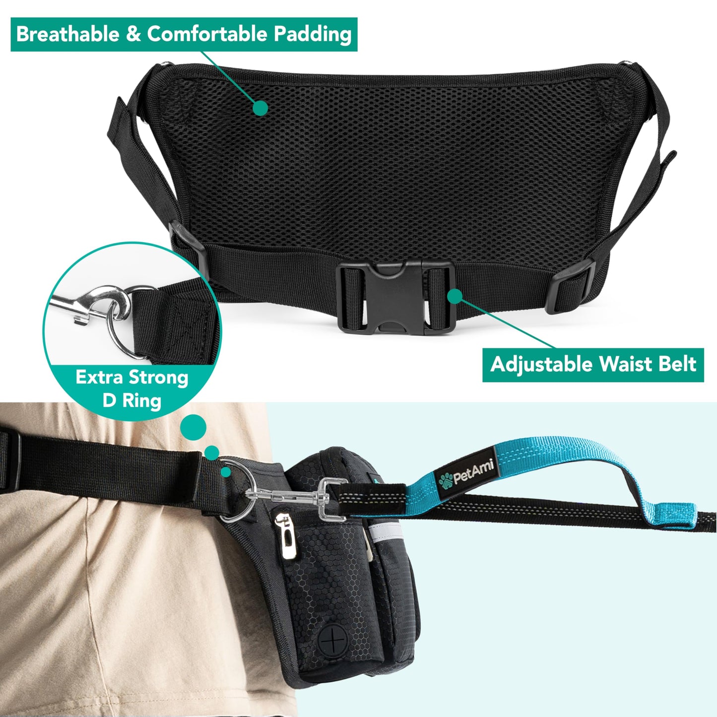 PetAmi Premium Hands Free Dog Leash for 2 Dogs, Adjustable Waist Belt Leash for Dog Walking, Fanny Pack Accessories Bag Dual Bungee Leash for Running, Hiking, Jogging, Biking, Black