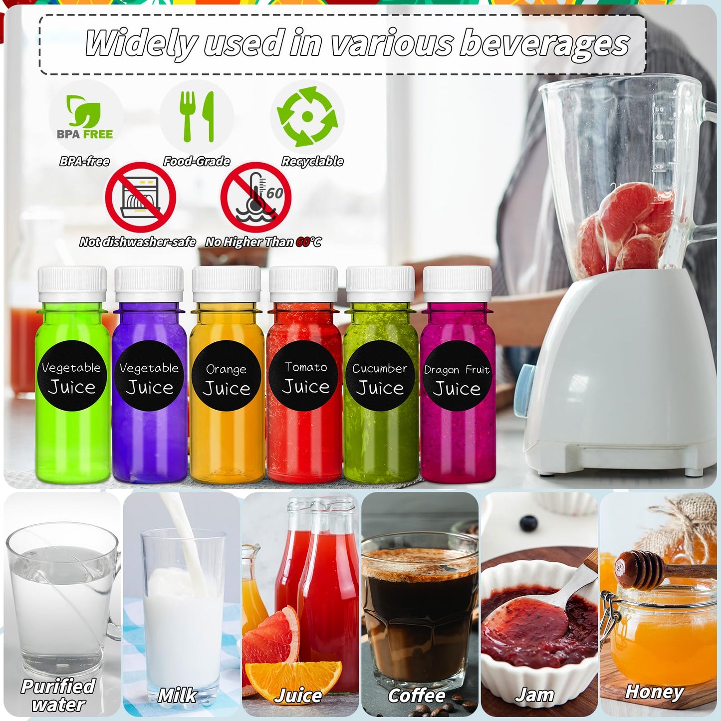 UZLU 165 Pcs 2 oz Small Plastic Juice Bottles with White Caps Mini Clear Ginger Shot Containers with Tamper Proof Lids Reusable Travel Bottles with Funnels Labels for Juice Milk Water Other Beverages