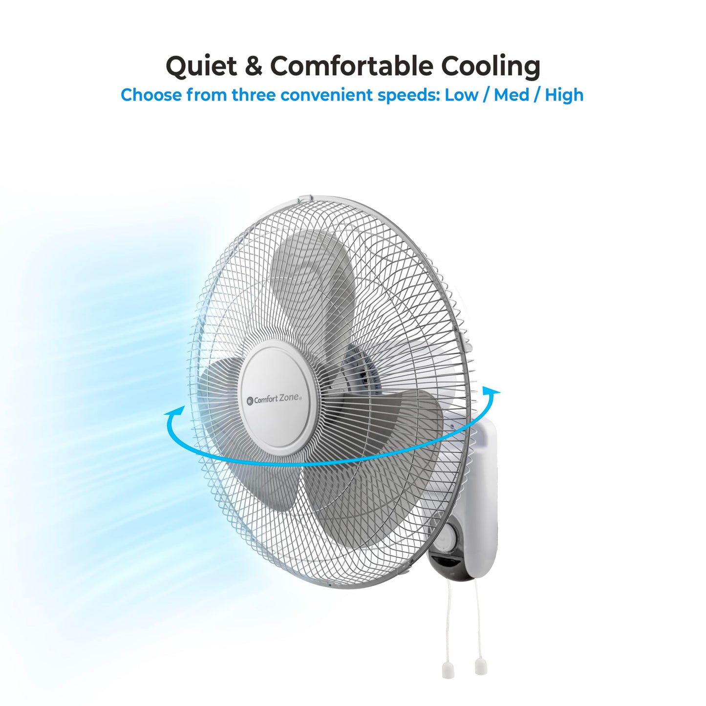 Comfort Zone Oscillating Wall Mount Fan with Adjustable Tilt, 16 inch, 3 Speed, Metal Grille, 90 Degree Oscillation, Airflow 14.07 ft/sec, Ideal for Home, Bedroom, Gym & Office, CZ16W