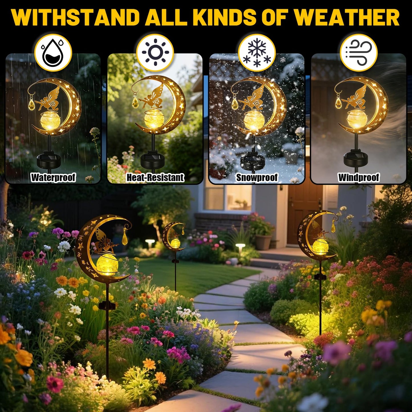 Solar Lights Garden Decorations, 2 Pack Moon Fairy Garden Solar Stake Light Outdoor with Angel Decor, Waterproof Decorative Lights for Garden, Walkway, Yard, Lawn, Patio, Courtyard