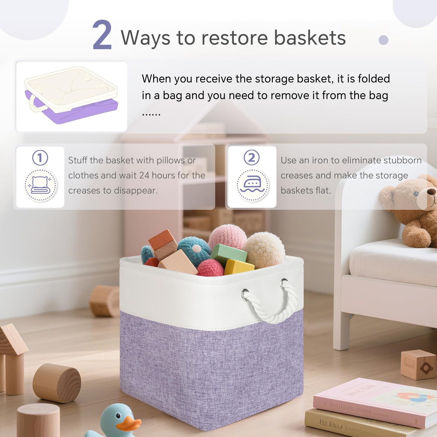 FinishingBo Cube Storage Bins, 6 Pack 11x11 inch with Cotton Handles for Closet, Shelves, Clothes, Towel (White/Purple-6 Pack)