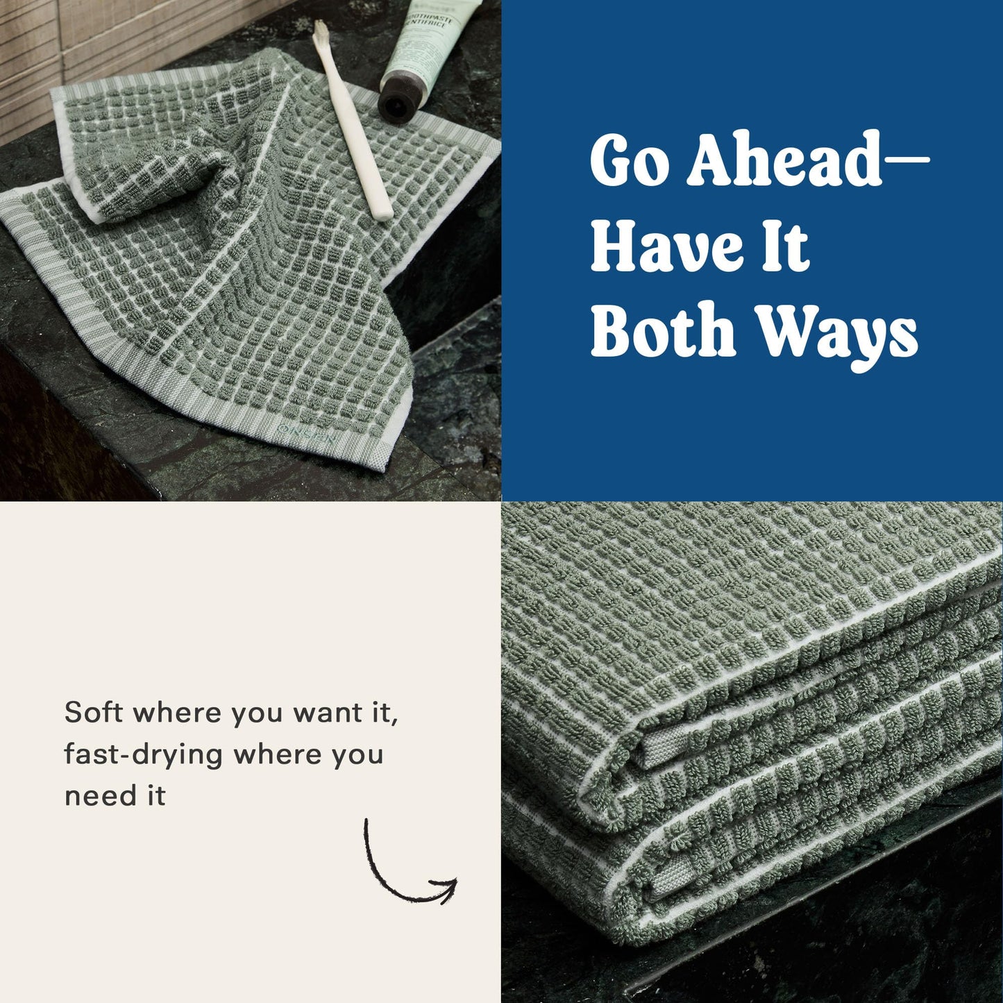 ONSEN Terry Cotton Towels (Spruce, 4X Face Towels) - Quick Drying, Lightweight, and Space Saving Design