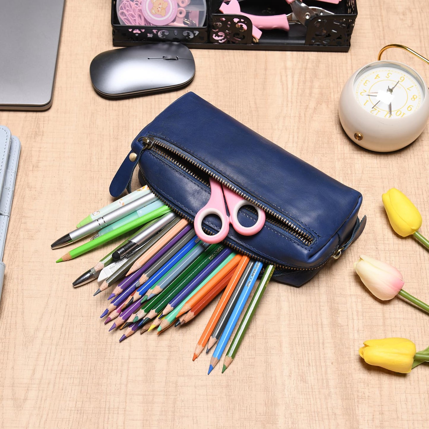 Wonderpool Pen Case Real Leather Pencil Pouch Markers Holder Big Capacity Bag with Side Zippered Pocket Sleeve for Stationery Makeup Utensils Tool Organizer (Blue)