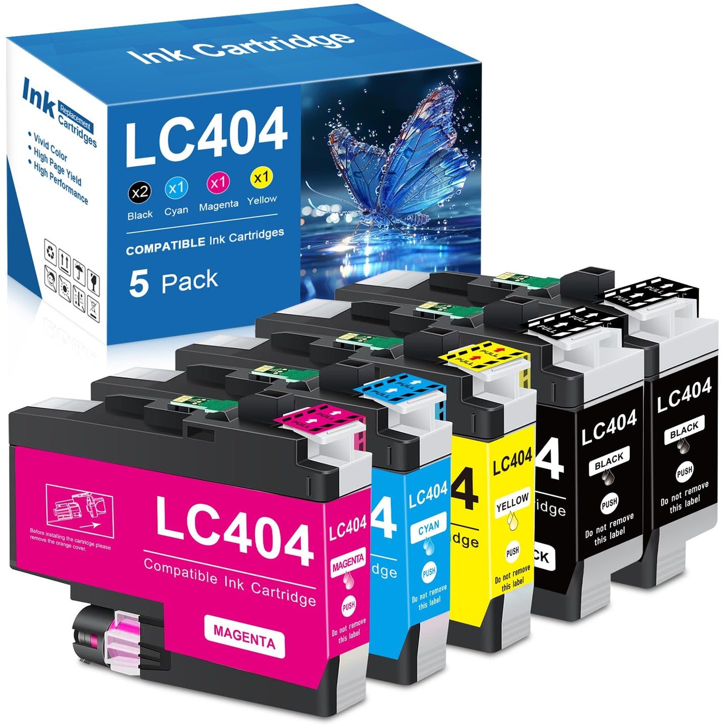 LC404 Ink Cartridges 5 Pack Replacement for Brother LC404 Ink Compatible for Printer MFC-J1205W J1215W, Ink LC 404 (2 Black/1 Cyan/1 Magenta/1 Yellow)