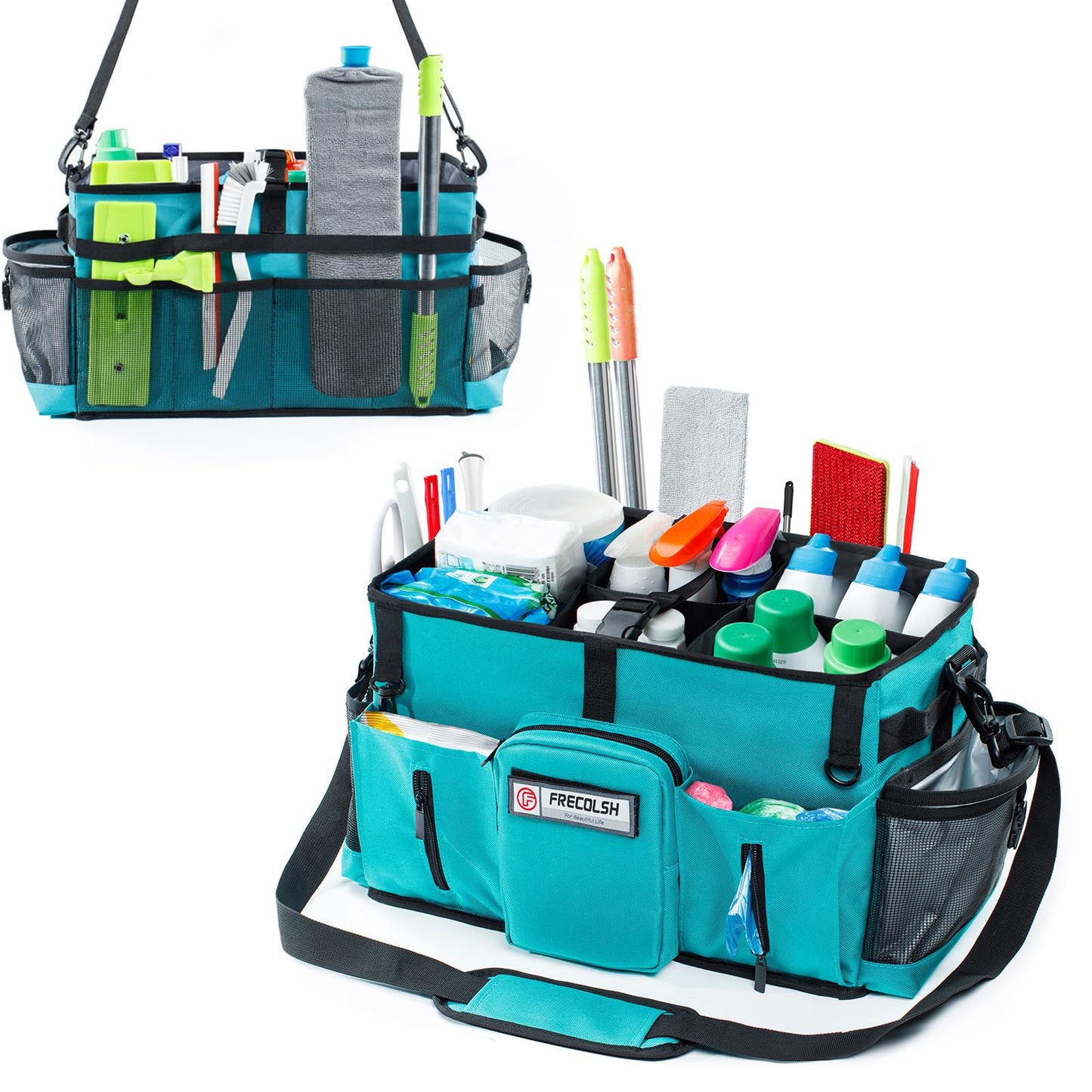 FRECOLSH Large Cleaning Supplies Organizer-Cleaning Caddy Organizer With Handles & Shoulder Strap-Cleaning Bags for Cleaning Suppliers-Housekeepers Wearable Cleaning Tote 2023 Upgraded, Teal