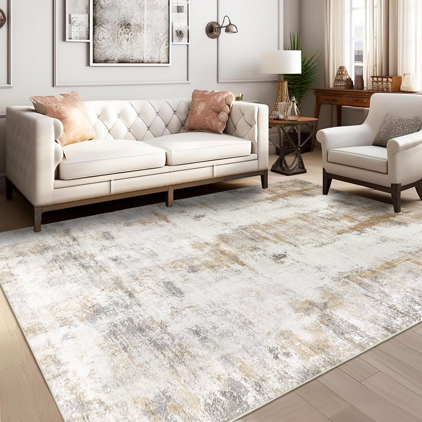 Famibay 5x8 Area Rug Washable Neutral Rugs for Living Room Thin Low Pile Bedroom Carpet Modern Abstract Carpet Rugs for Living Room Bedroom Entrance(Beige/Camel)