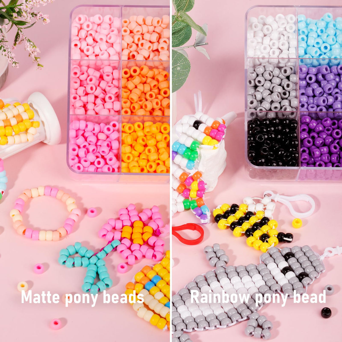 2600+pcs Pony Beads Kit Opaque Matte Rainbow Plastic Craft Multicolor Pony Beads in 18 Colors with Elastic String and Storage Box for Hair Braiding DIY Bracelet Necklace Key Chain and Jewelry Making