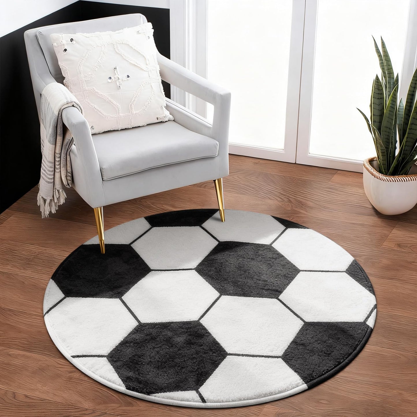 Round Soccer Rug, 80cm Black White Football Pattern, Soccer Rug for Office Chair Mat or Desk Floor Protector, Perfect for Home Office, Gaming, or Entryway