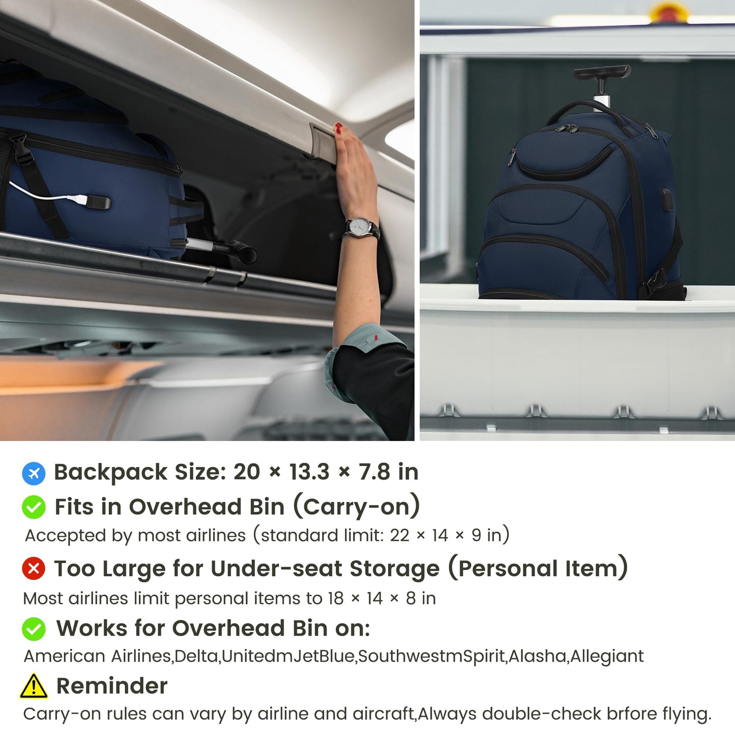 Boavan Rolling Backpack,17 inch Water Resistant Wheeled,Carry on Luggage Business Bag, Overnight College Computer Backpack Trolley Suitcase for Men Women Adults to Travel，Blue