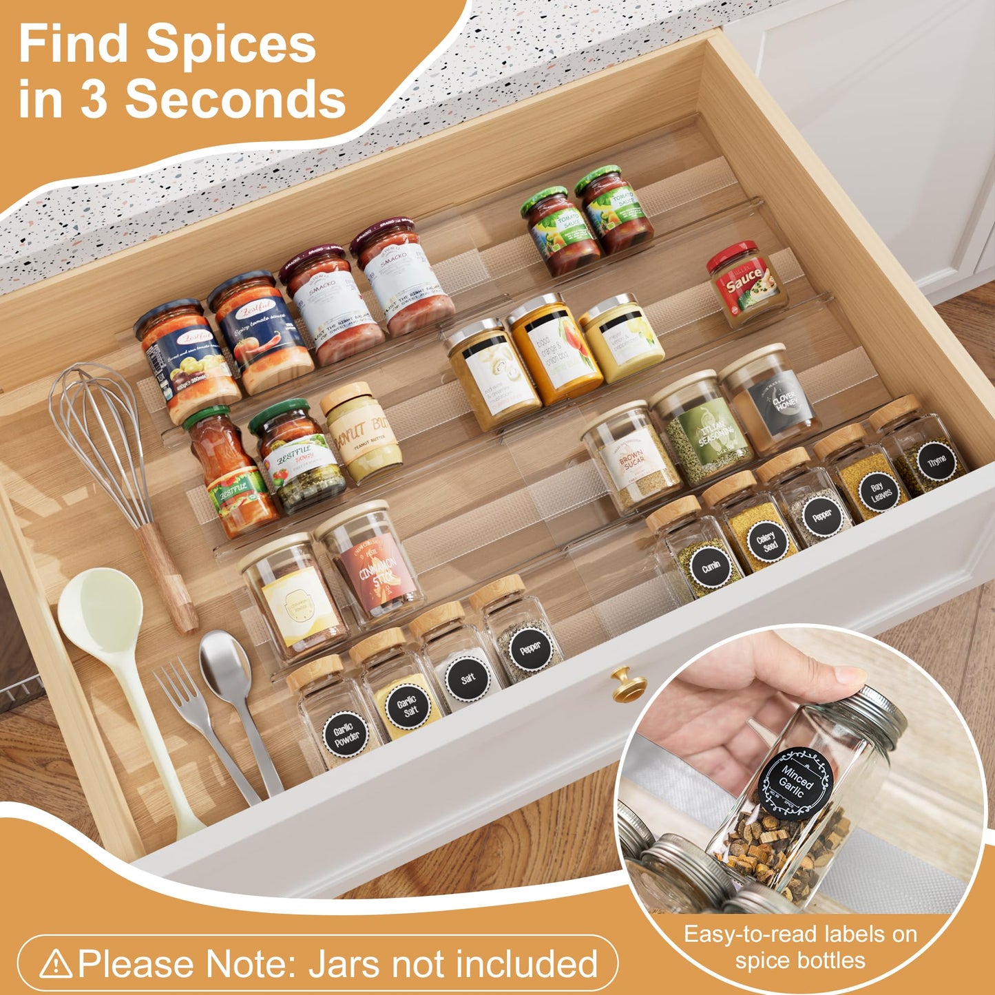 Brippo 8-Pack Spice Drawer Organizer, Expandable Acrylic Seasoning Rack (13" to 26") with Anti-Slip Mat, Kitchen Spice Rack Tray Holds up to 56 Jars