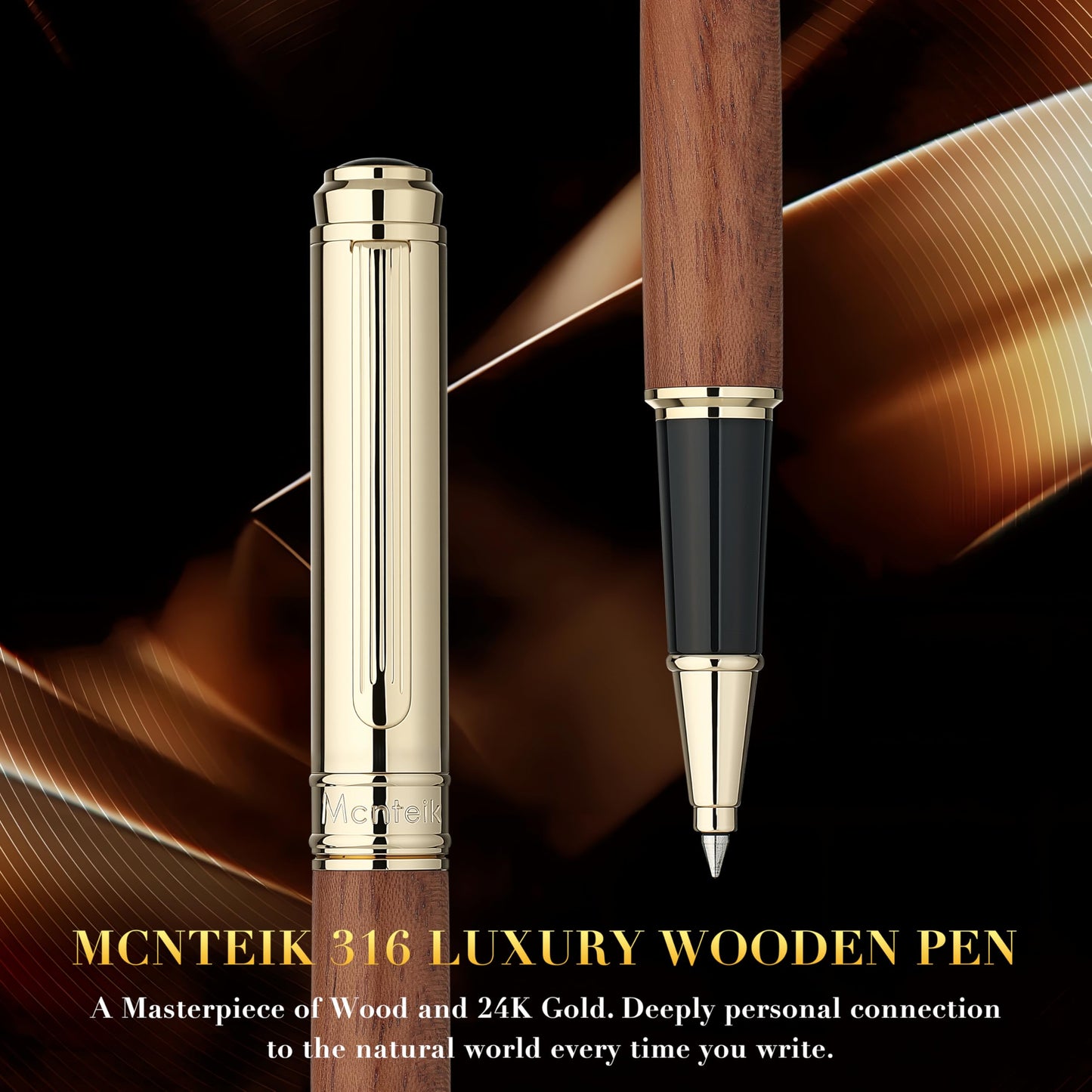MCNTEIK 316 Luxury Journaling Pen, Nice Natural Wood for Writing, 24K Gold Accents, Schmidt refill, Fancy Rollerball, Gift Set for Men&Women, Executive&Professional Christmas Office, Pens-Rosewood