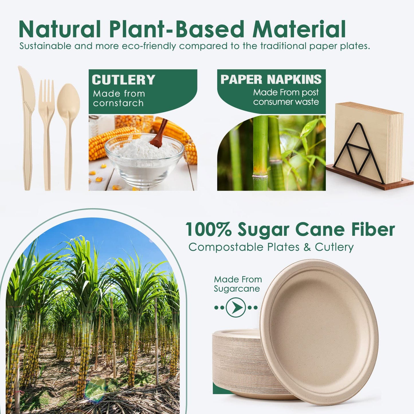 Gezond Compostable Paper Plates Set 300 Pieces Disposable Plates 10-inch Eco-Friendly Paper Plates Heavy-Duty Utensils and Napkins for Party, Made from Sugarcane Pulp