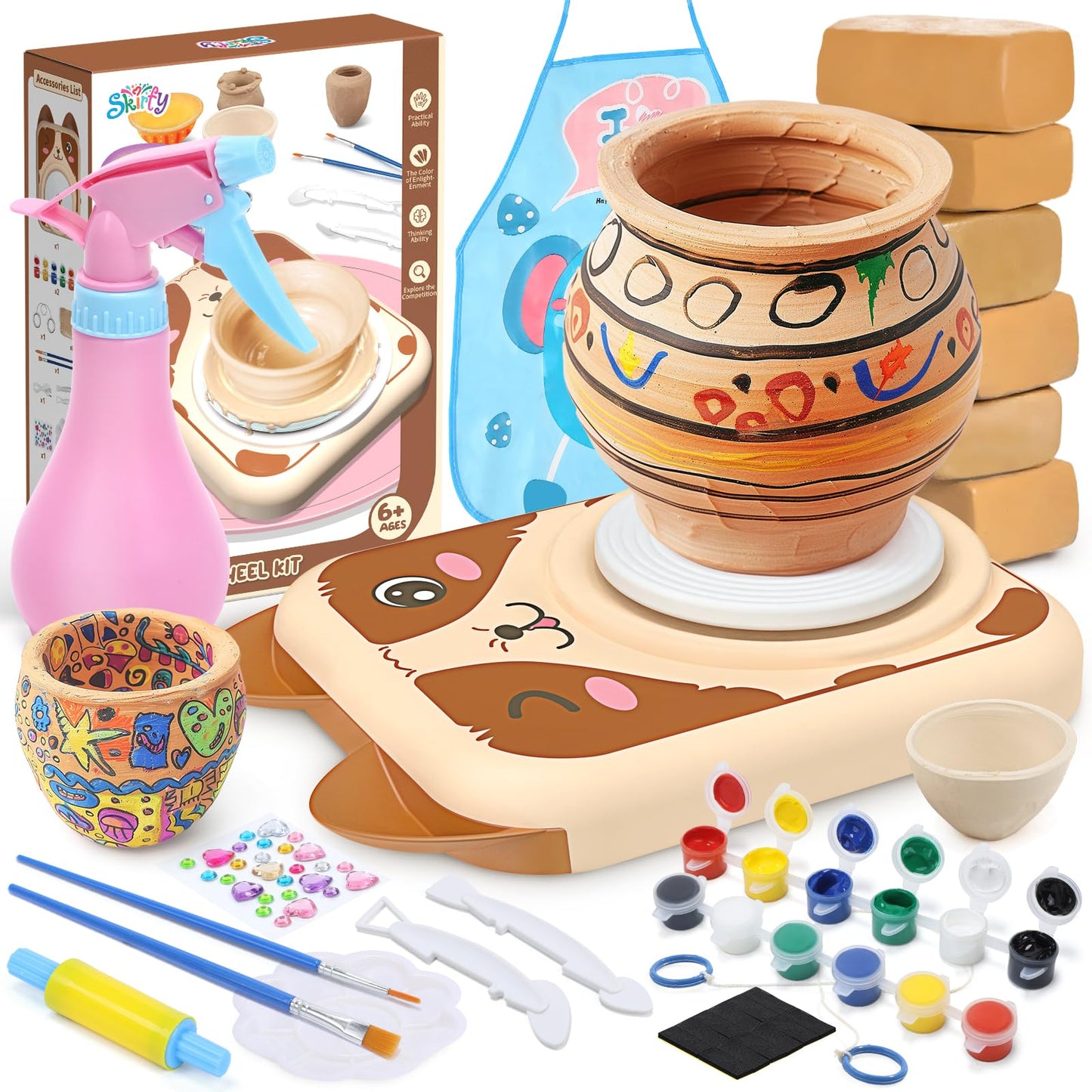 Skirfy Pottery Wheel Kit for Kids Adults,Mini Pottery Wheel Painting Kit & Clay Sculpting Tools for Kids Toys,Complete Kit for Beginners with 6 Packs Modeling Calys,Arts & Crafts for Kids Ages 8-12
