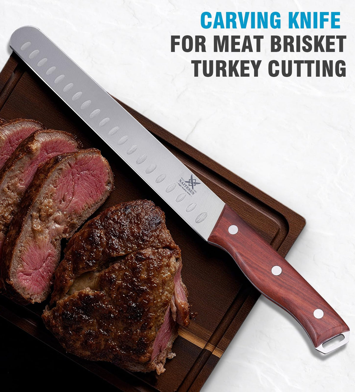 Naitesen 3PCS Professional Meat Knives Set, Butcher Knife, Very Sharp Brisket Carving Knife for BBQ Slicing Cutting Full Tang Rosewood Handle High Carbon Steel, Gifts for Men Women