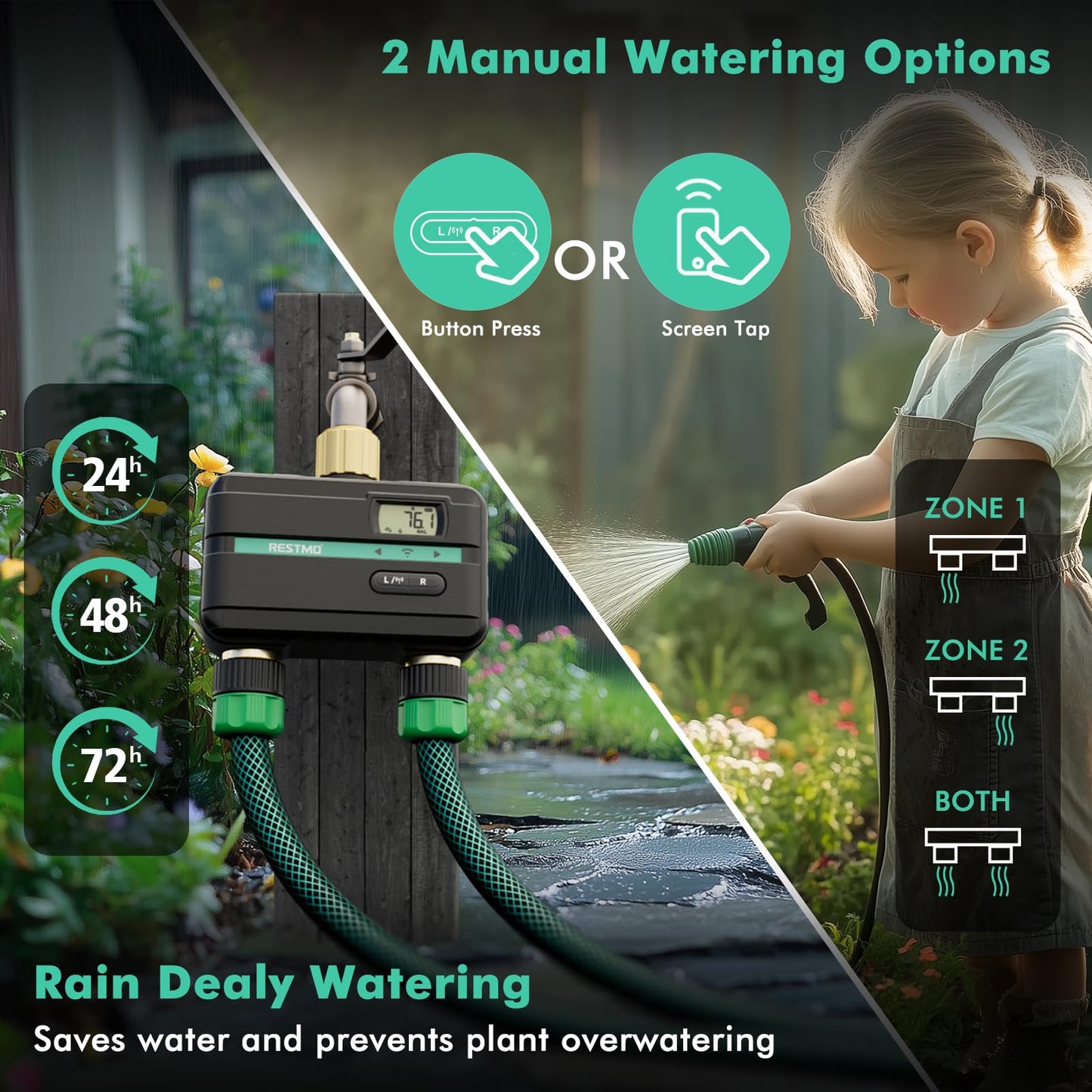 RESTMO Smart Water Timer with Flow Meter, Sprinkler Timer for Garden Hose, Brass Inlet & Outlet, Automatic Lawn & Yard Irrigation Watering System, APP Remote Control (2.4Ghz WiFi Connection)