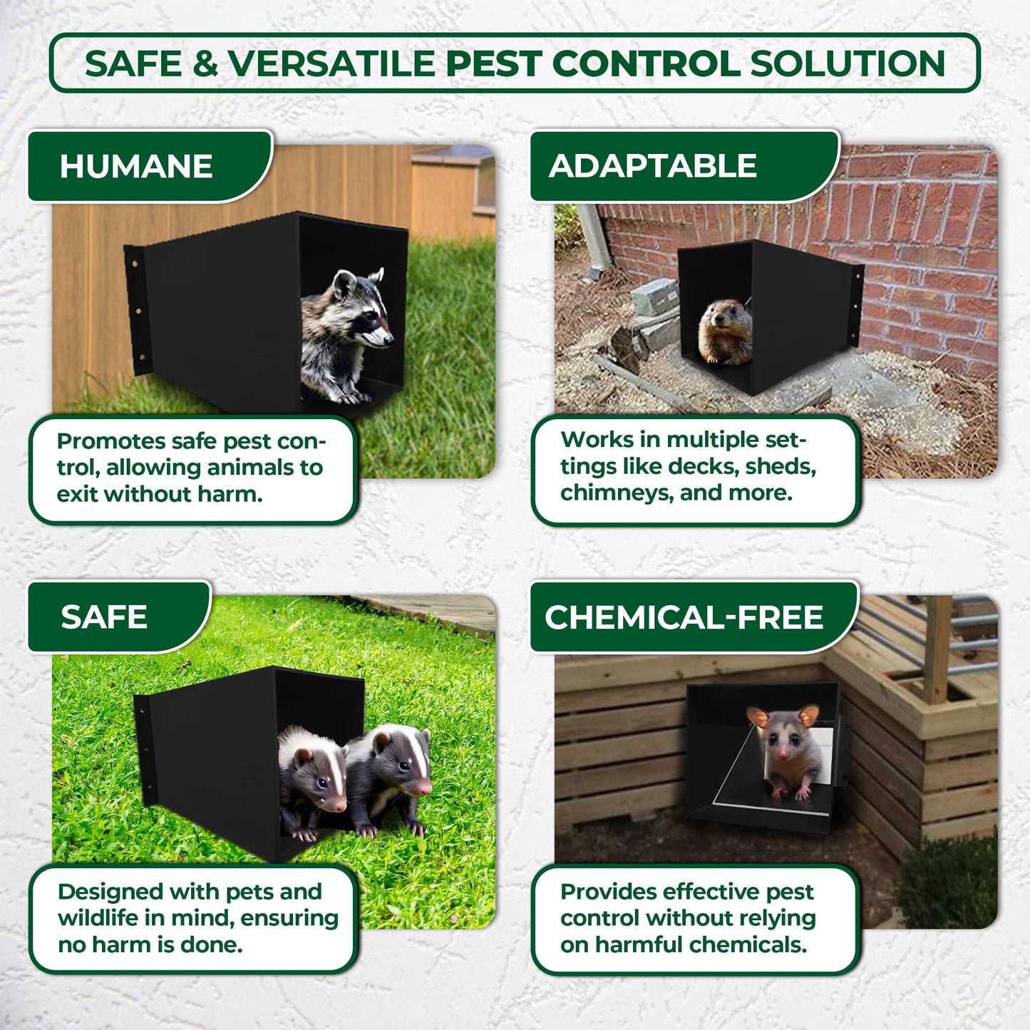 Rhino Excluders® Prochute™ One Way Door for Removal of Raccoon, Skunk, Opossum, Groundhog, Rabbit and Similar Size Animals - Live Trap Alternative, Black