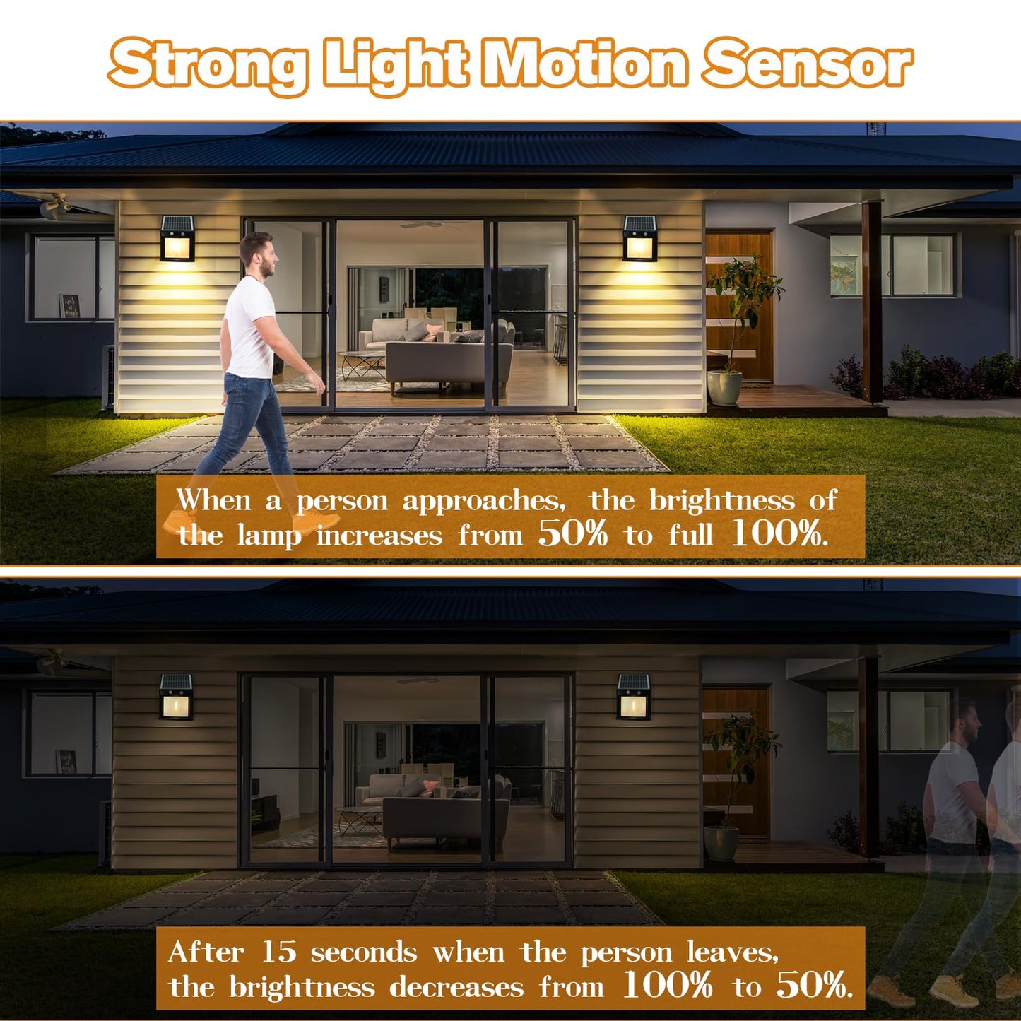 Baiston Outdoor Solar Wall Lights: Solar Fence Lights, 3000K with Motion Sensor, IP65 Waterproof, Wireless Lamps for Garden, Patio, Terrace, Entrance 2 Packs