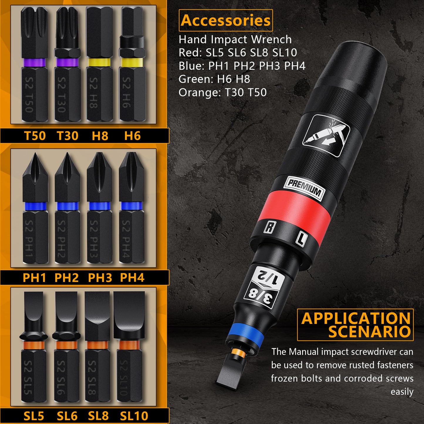 Aiourx 1/2 Inch Drive Manual Impact Driver Set, Reversible Impact Screwdriver Kit, S2 Steel Bits, for Loosen Rusted Fasteners or Frozen Bolts