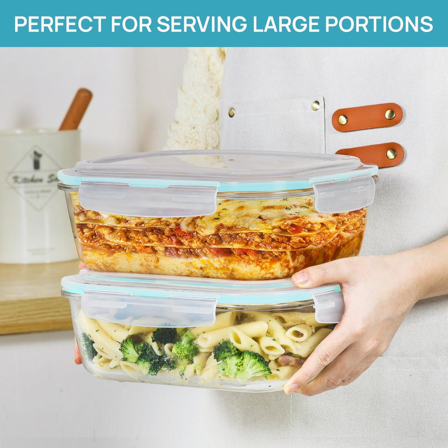 Vtopmart 2Pack 2260ml/ 76.4oz Extra Large Glass Container Food Storage with Lids, Meal Prep Container Set with Snap Airtight Lid for Baking, Microwave, Oven, Leak Proof, for Freezer, Dishwasher, Green