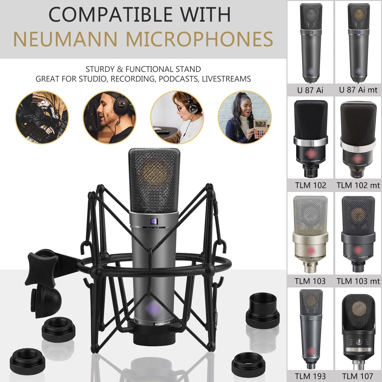 Geekria for Creators Microphone Shock Mount Compatible with Neumann U87, TLM193, TLM127, M149, TLM102, TLM103, Mic Anti-Vibration Suspension Adapter Clamp Mic Holder Clip (Black/Metal)